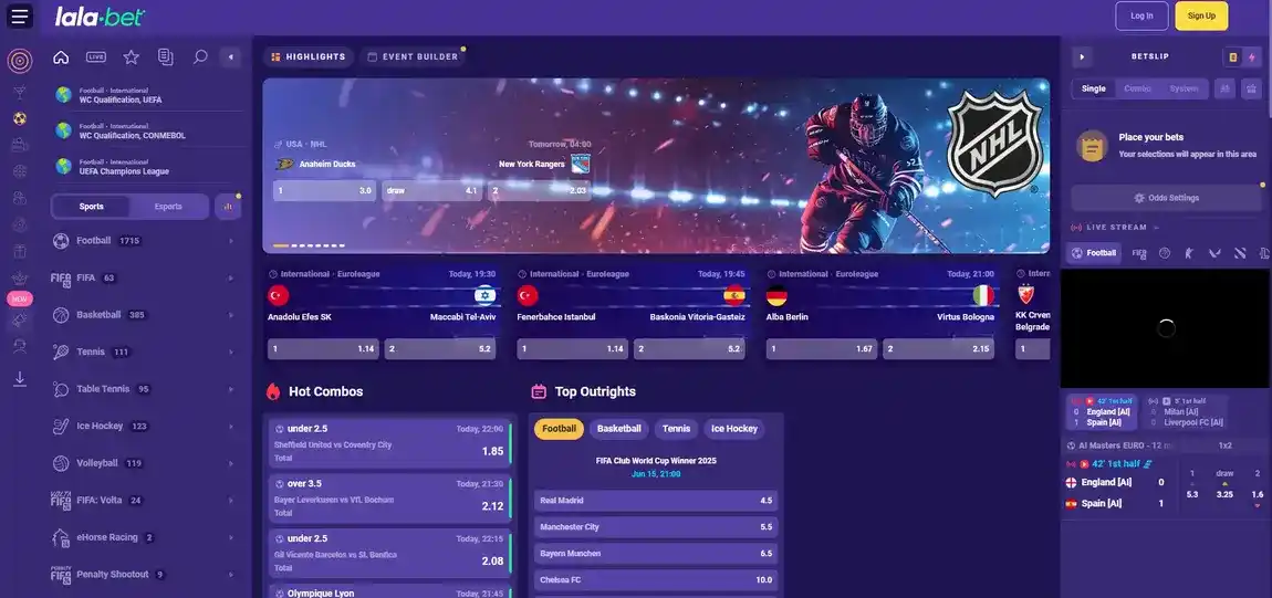 Interface voor sportweddenschappen bij LalaBet